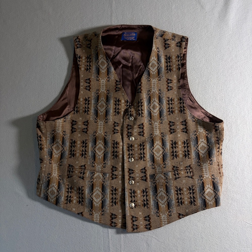 Pendleton Mens XXL Wool Vest Southwestern Aztec Geometric Brown Concho Button